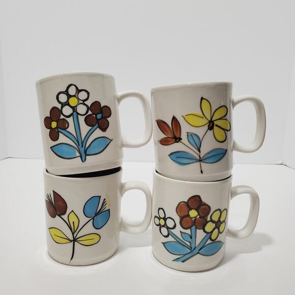 Vtg MCM Floral Stoneware Mugs Blue Brown & Yellow 4oz China 4 Floral Patterns - Picture 1 of 15